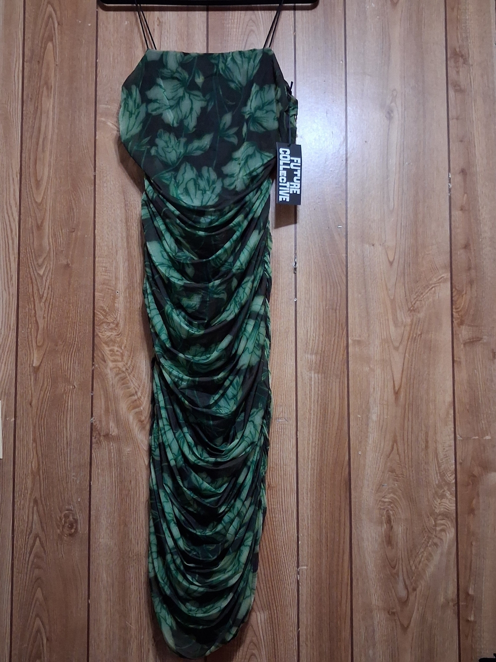 New bodycon ruched maxi dress spaghetti straps large chiffon lined wedding guest